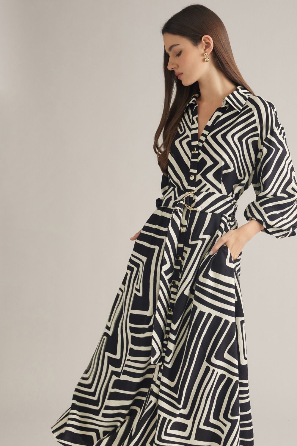 Black Geometric Belted Midi Dress