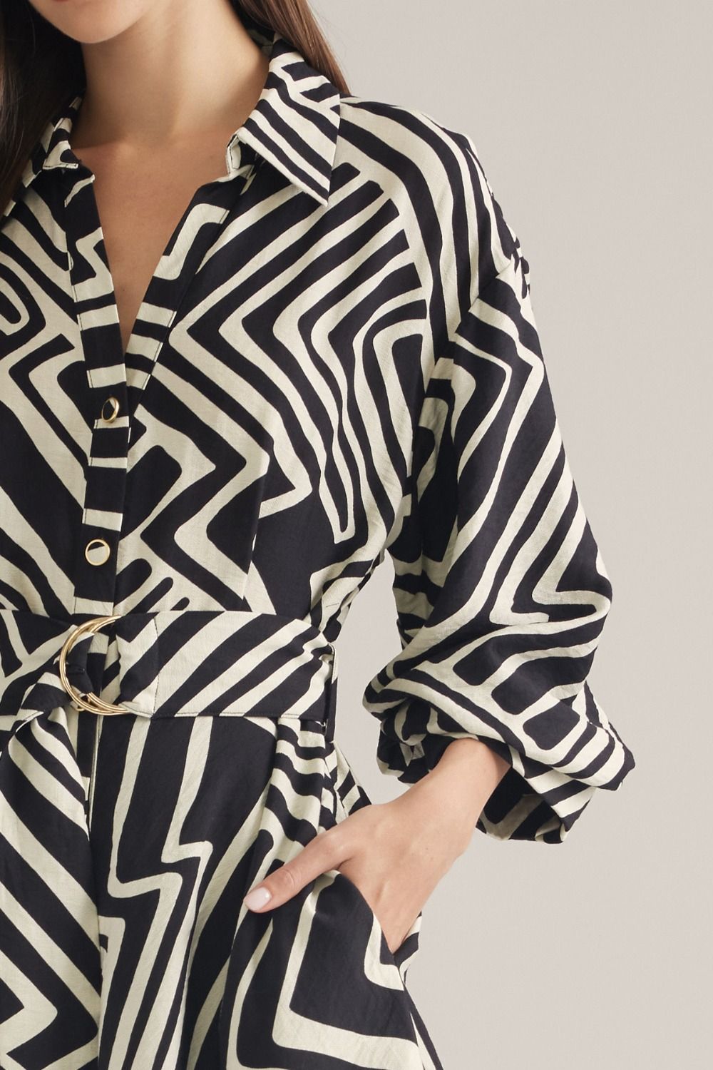 Black Geometric Belted Midi Dress