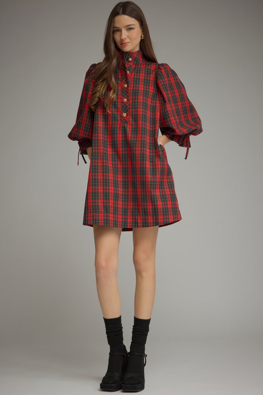 Plaid Balloon Sleeve Dress