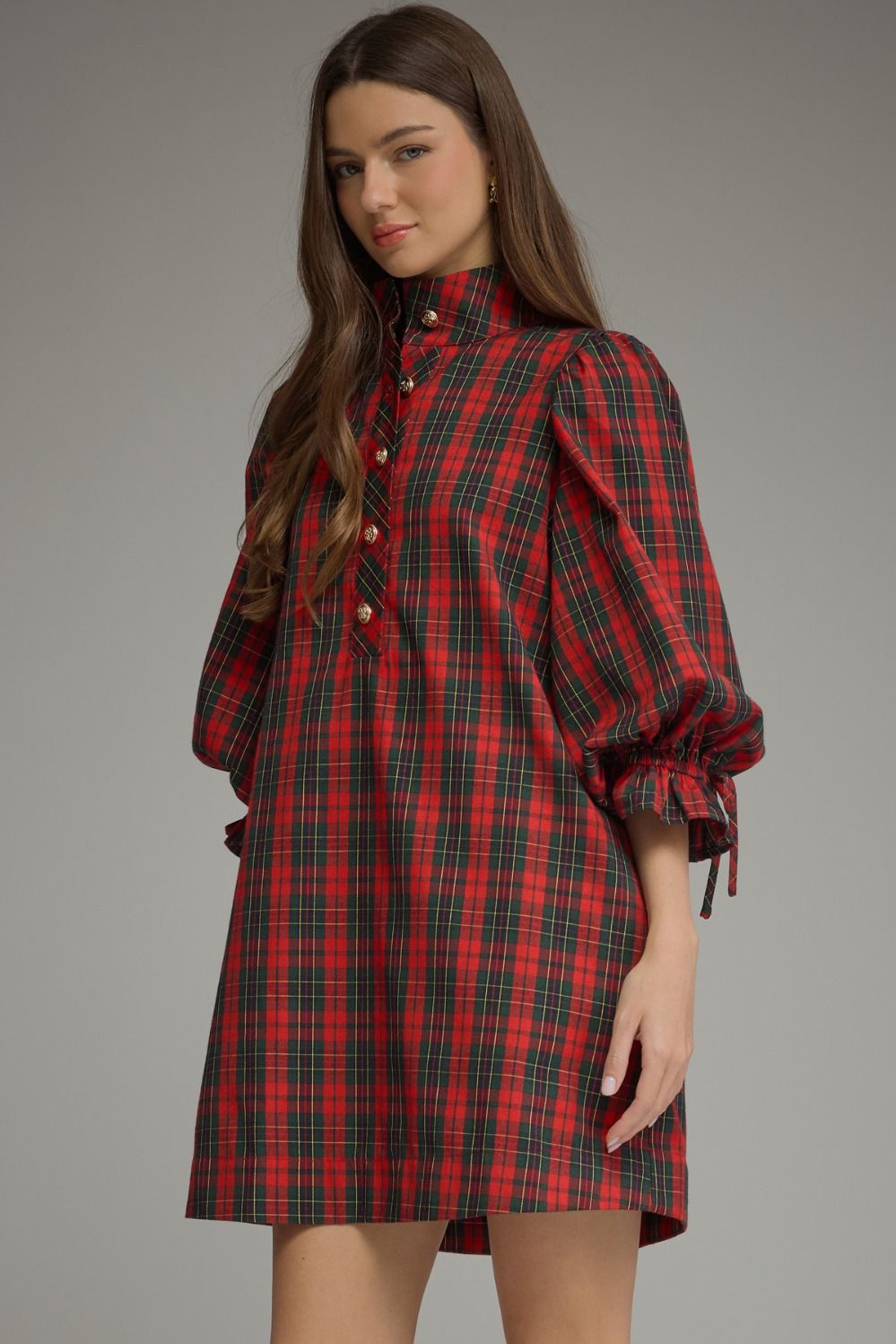 Plaid Balloon Sleeve Dress