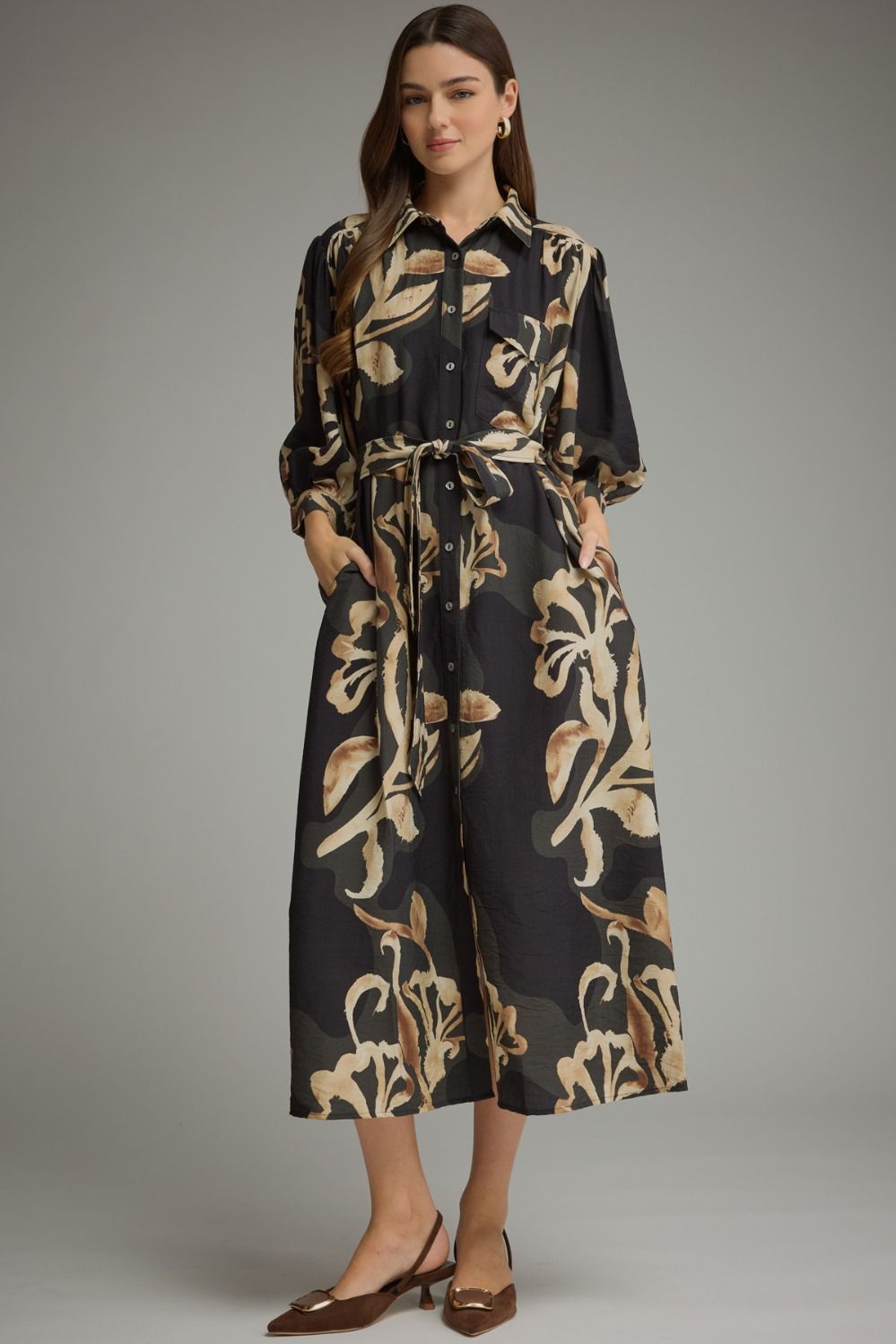 Black 3/4 Puff Sleeve Tie Dress