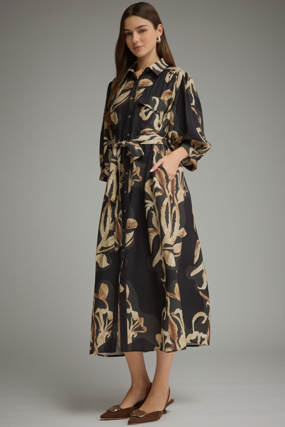 Black 3/4 Puff Sleeve Tie Dress