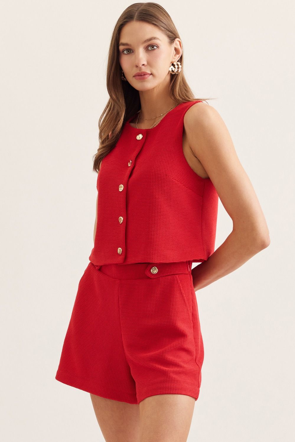 Red Button Detail Short Set