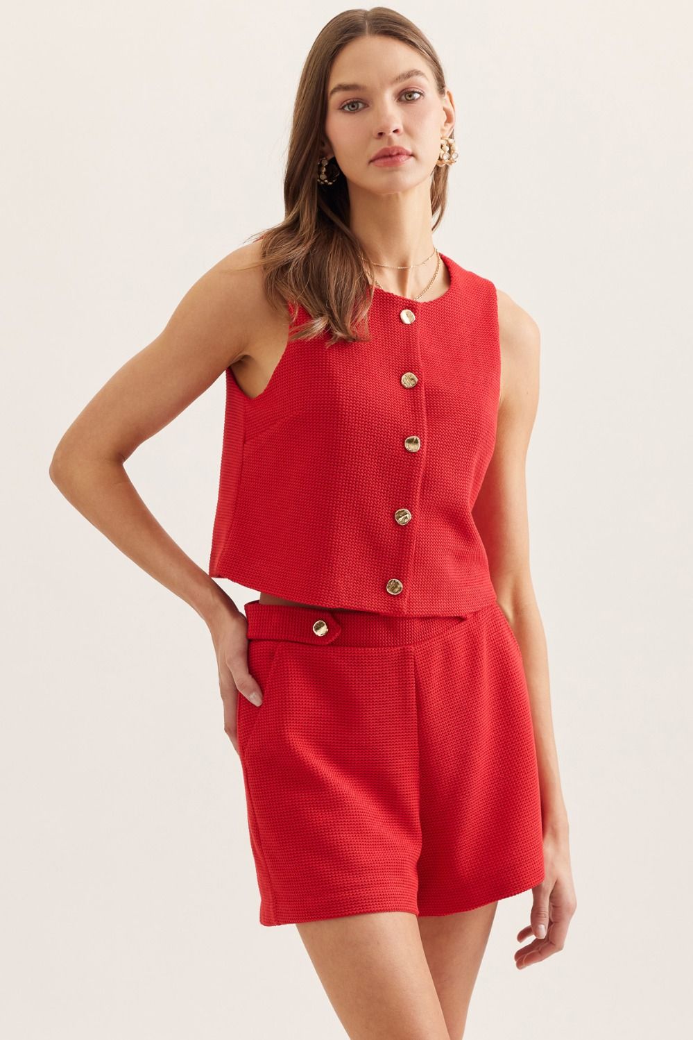 Red Button Detail Short Set