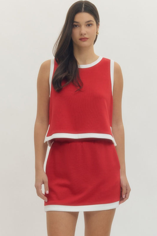 Red And White Skirt Set