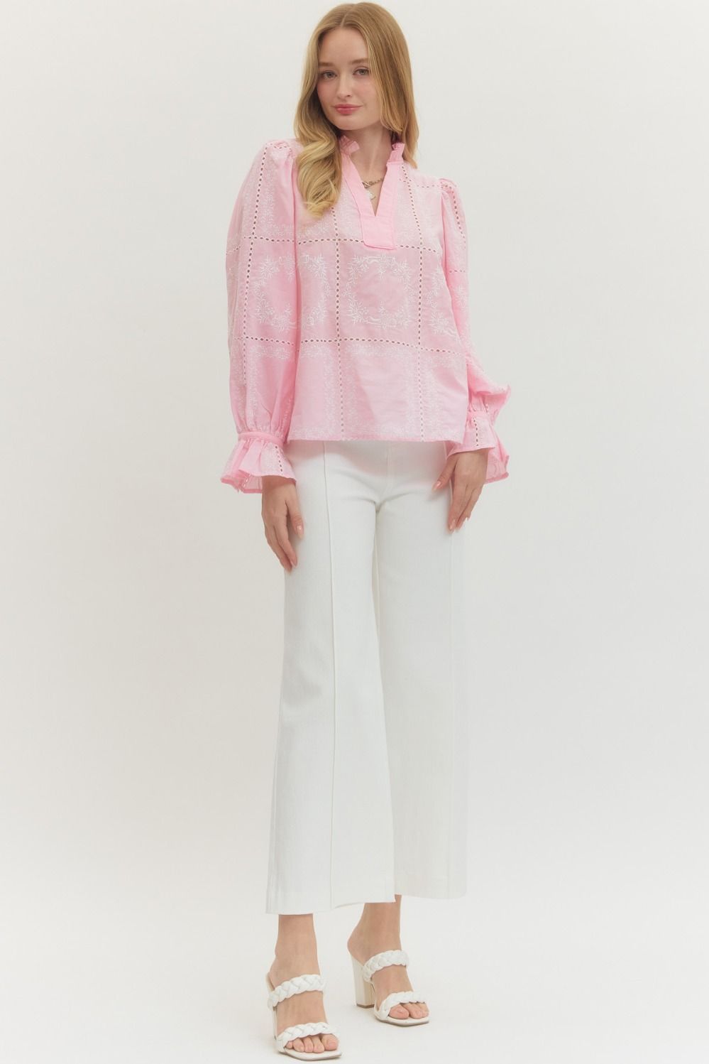 Pink Scallop Trim Long Sleeve Top