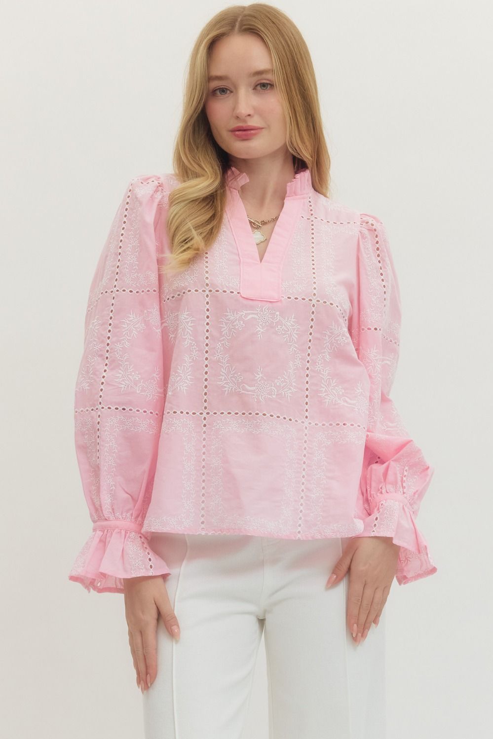 Pink Scallop Trim Long Sleeve Top
