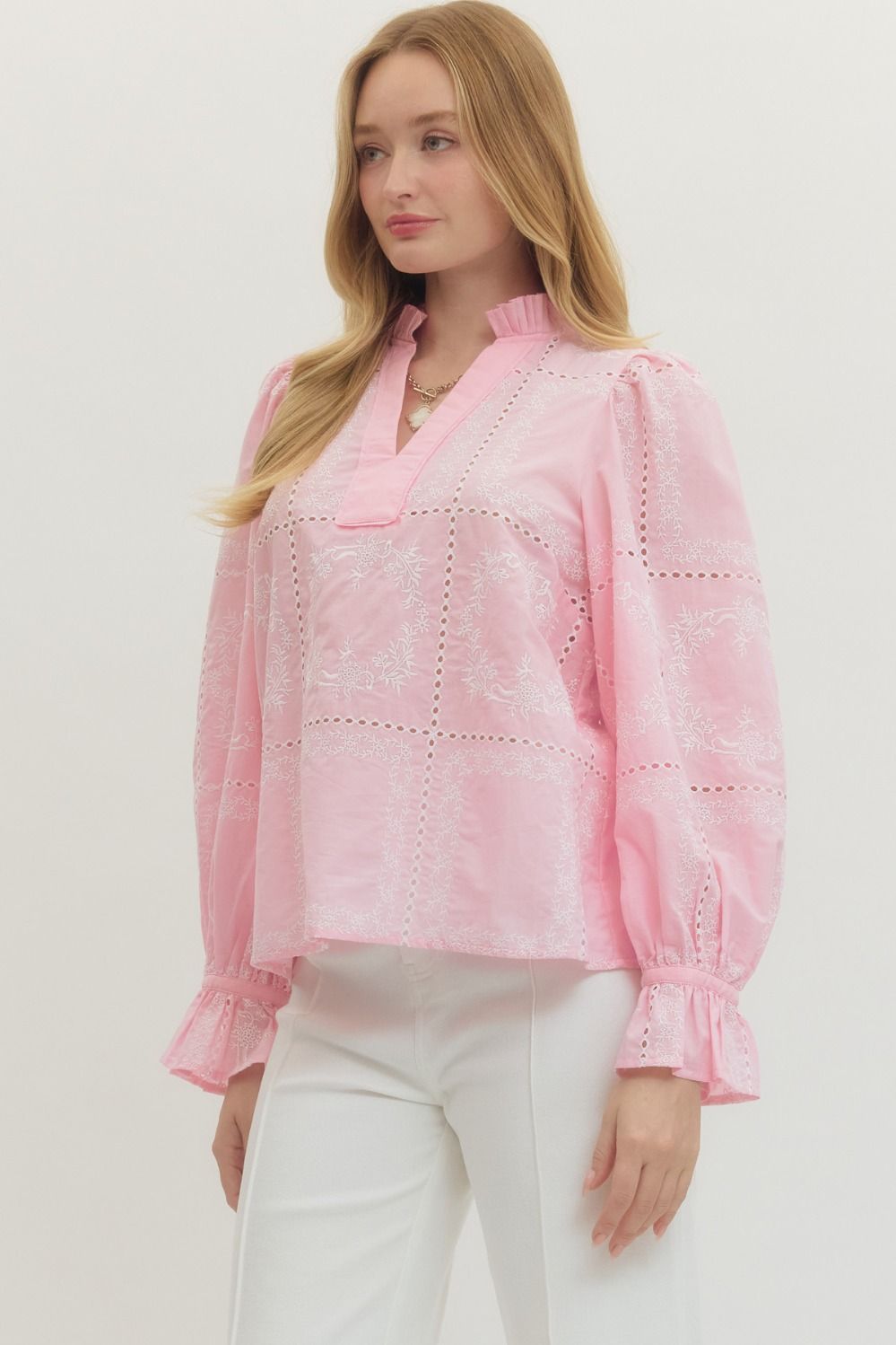 Pink Scallop Trim Long Sleeve Top