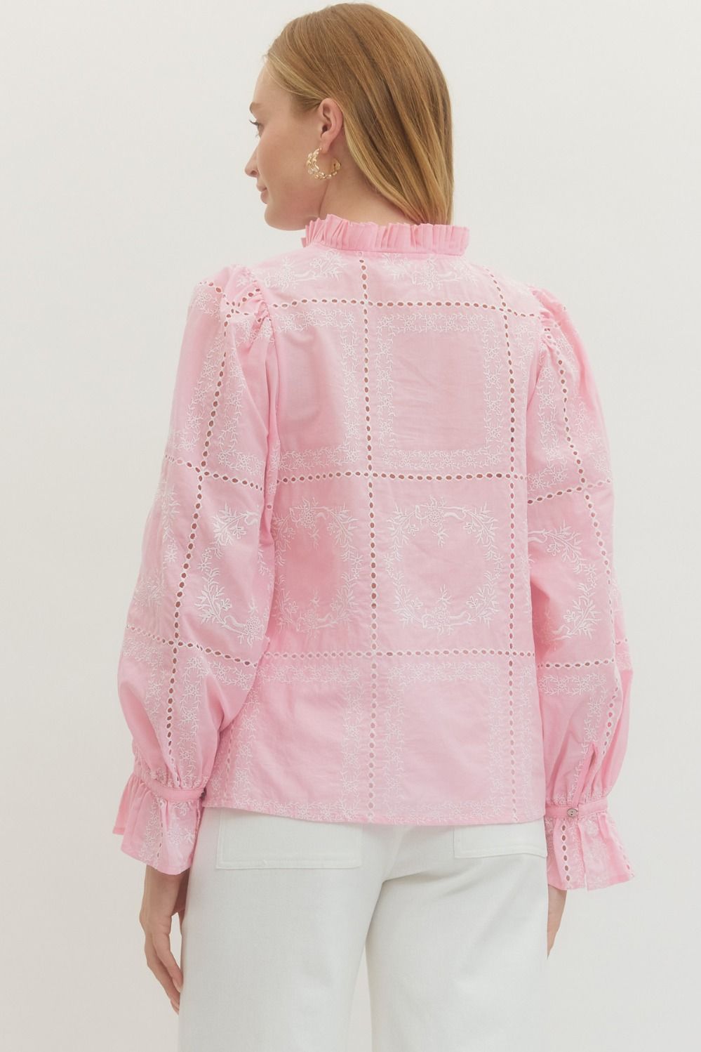 Pink Scallop Trim Long Sleeve Top