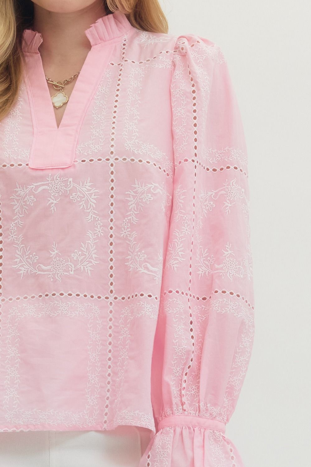 Pink Scallop Trim Long Sleeve Top