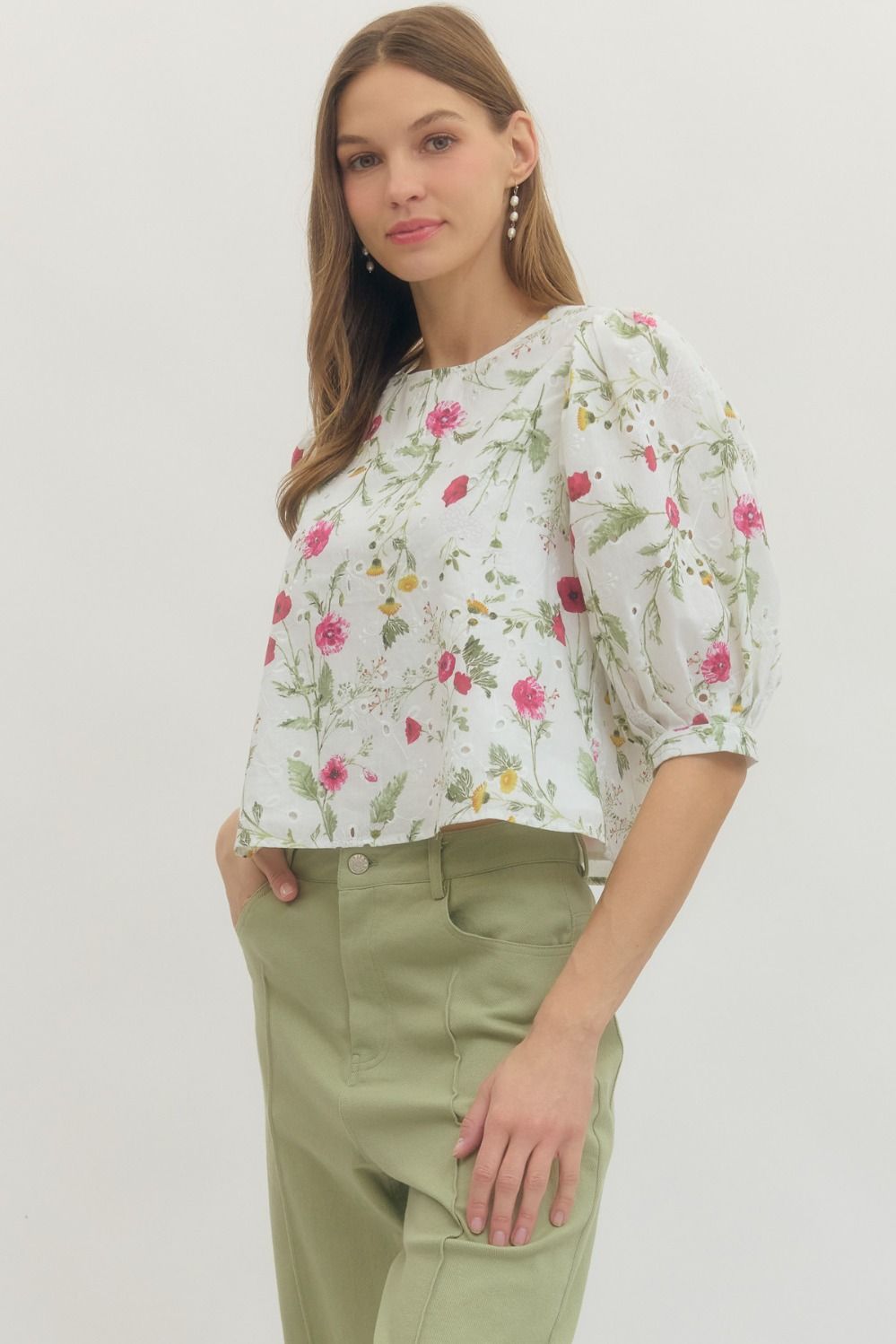 Floral Eyelet Puff Sleeve Top