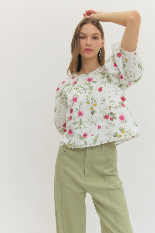 Floral Eyelet Puff Sleeve Top