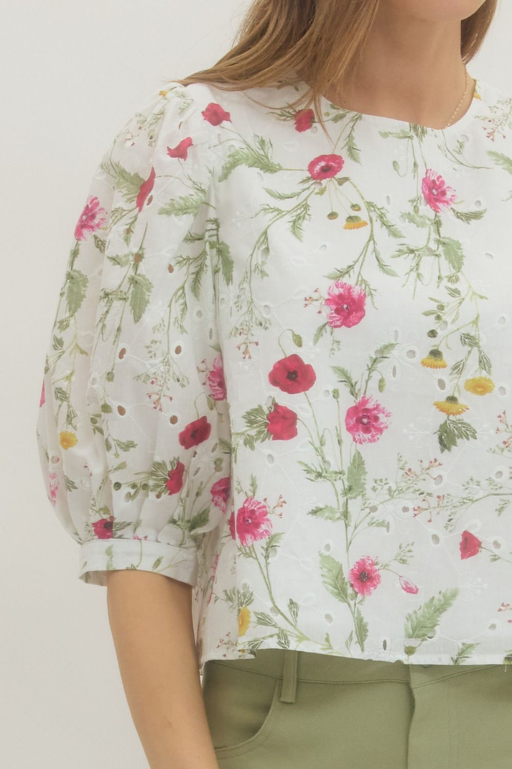 Floral Eyelet Puff Sleeve Top