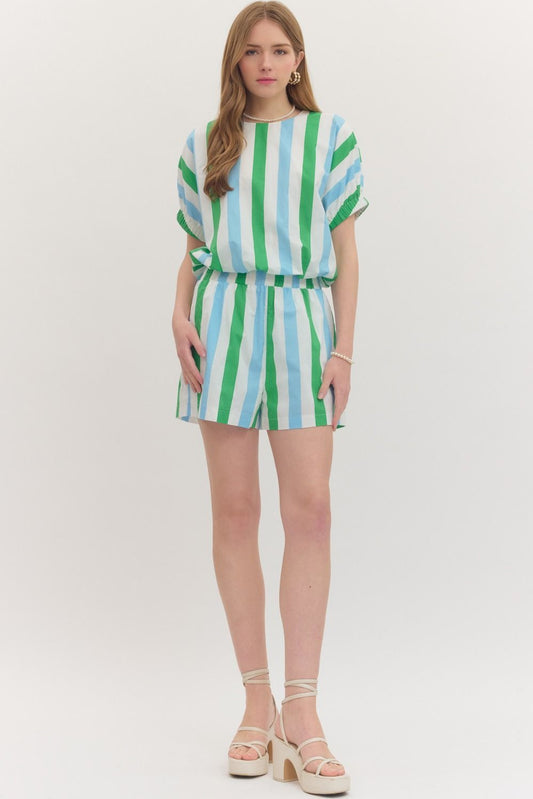 Blue And Green Striped Short Set