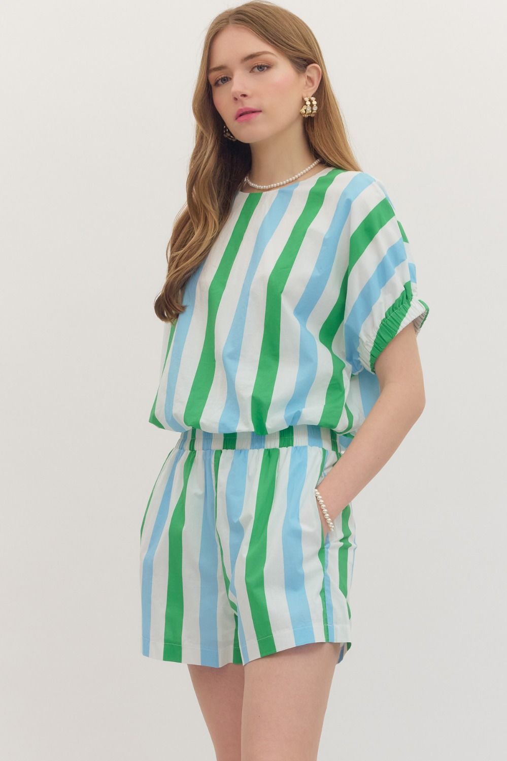 Blue And Green Striped Short Set