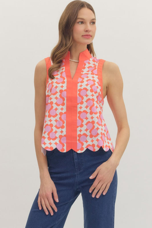 Coral Sleeveless Scallop Top