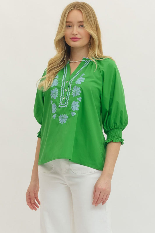 Embroidery V Neck Top - Green
