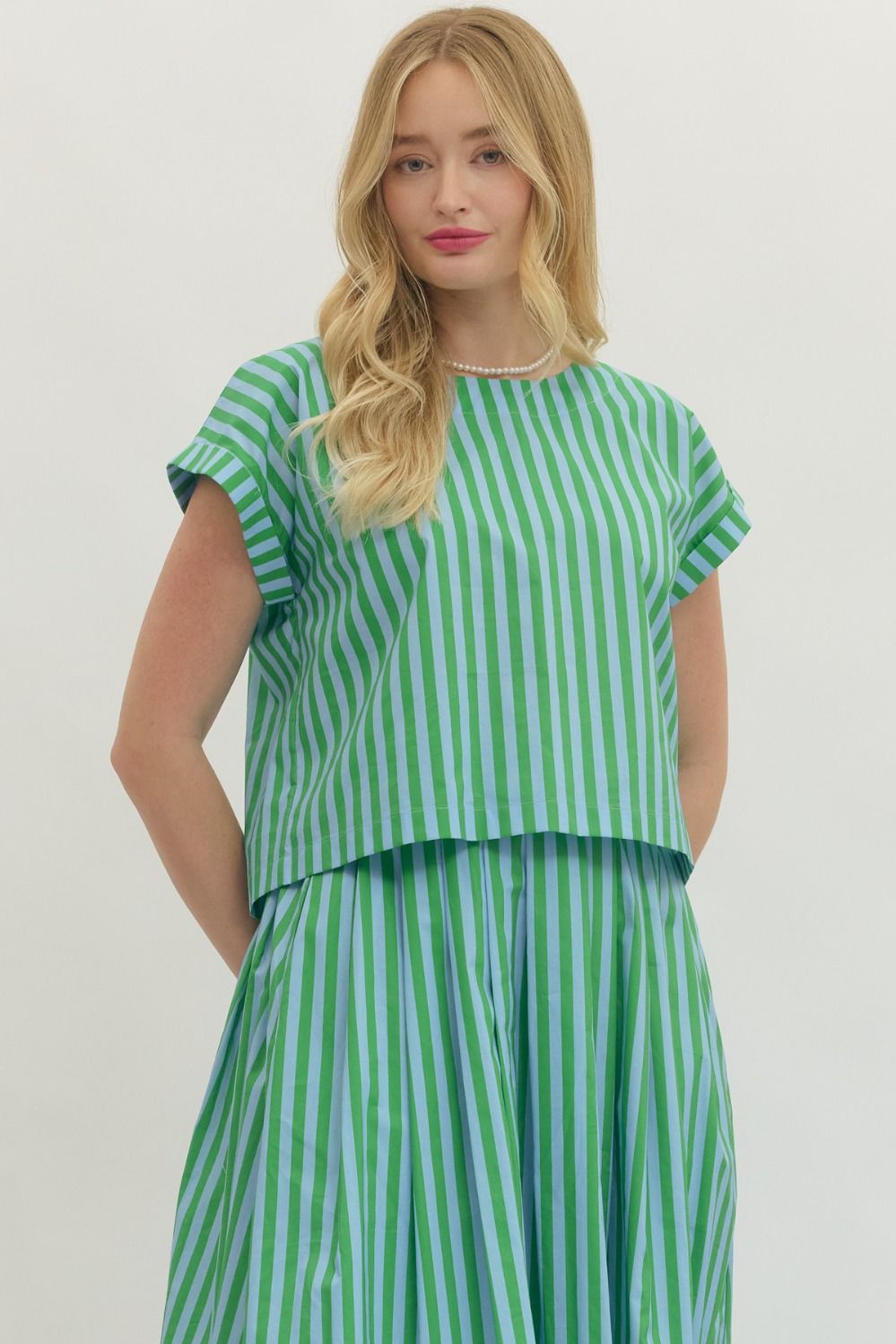 Blue And Green Striped Skirt Set