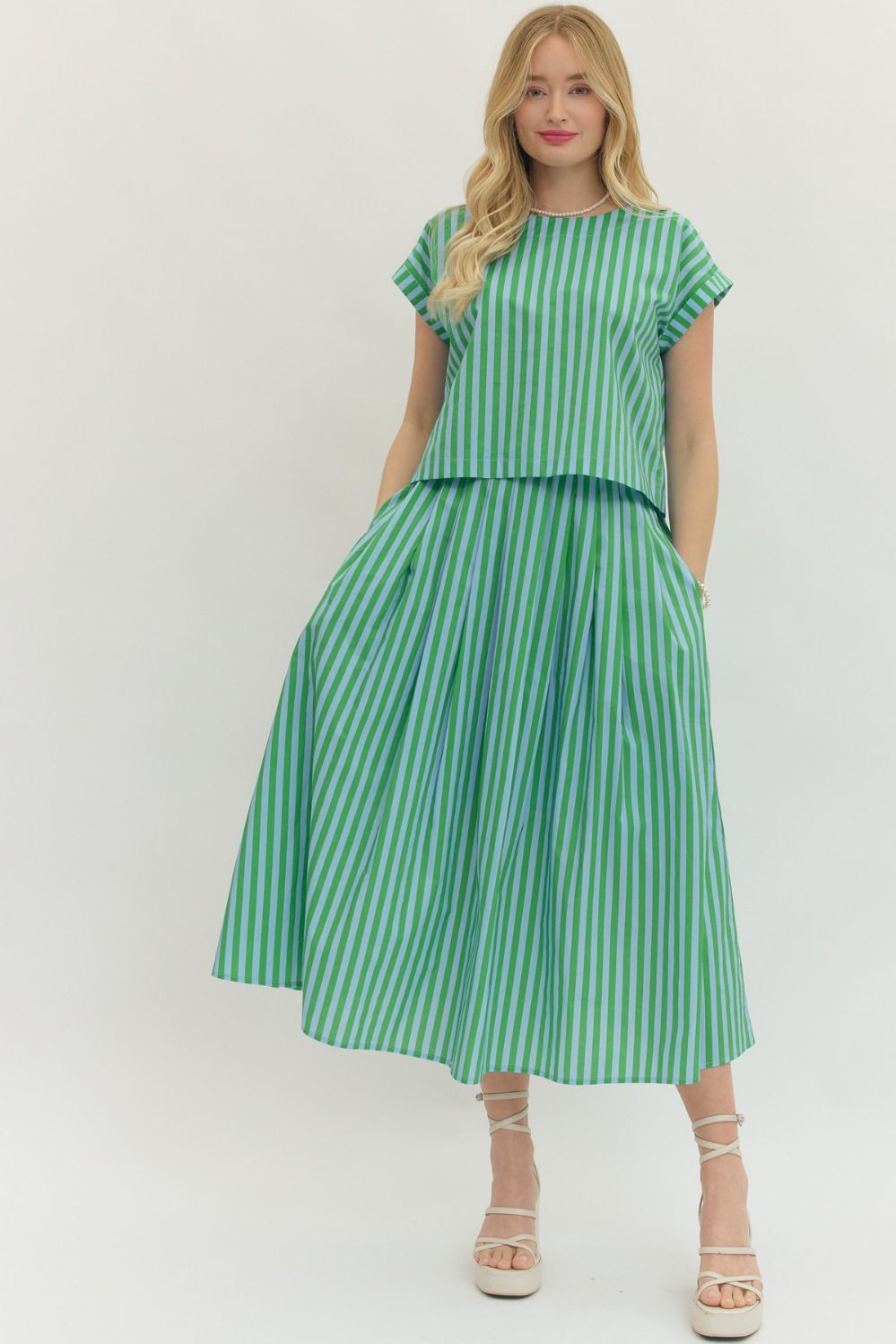 Blue And Green Striped Skirt Set