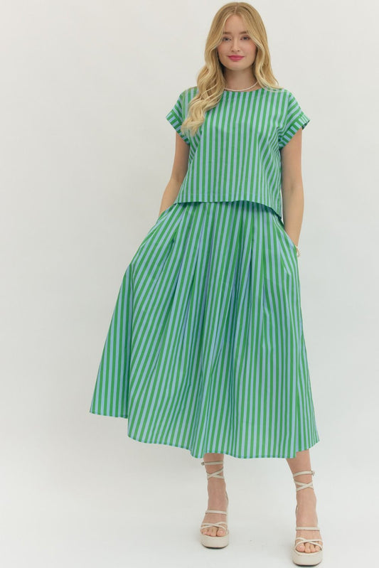 Blue And Green Striped Skirt Set