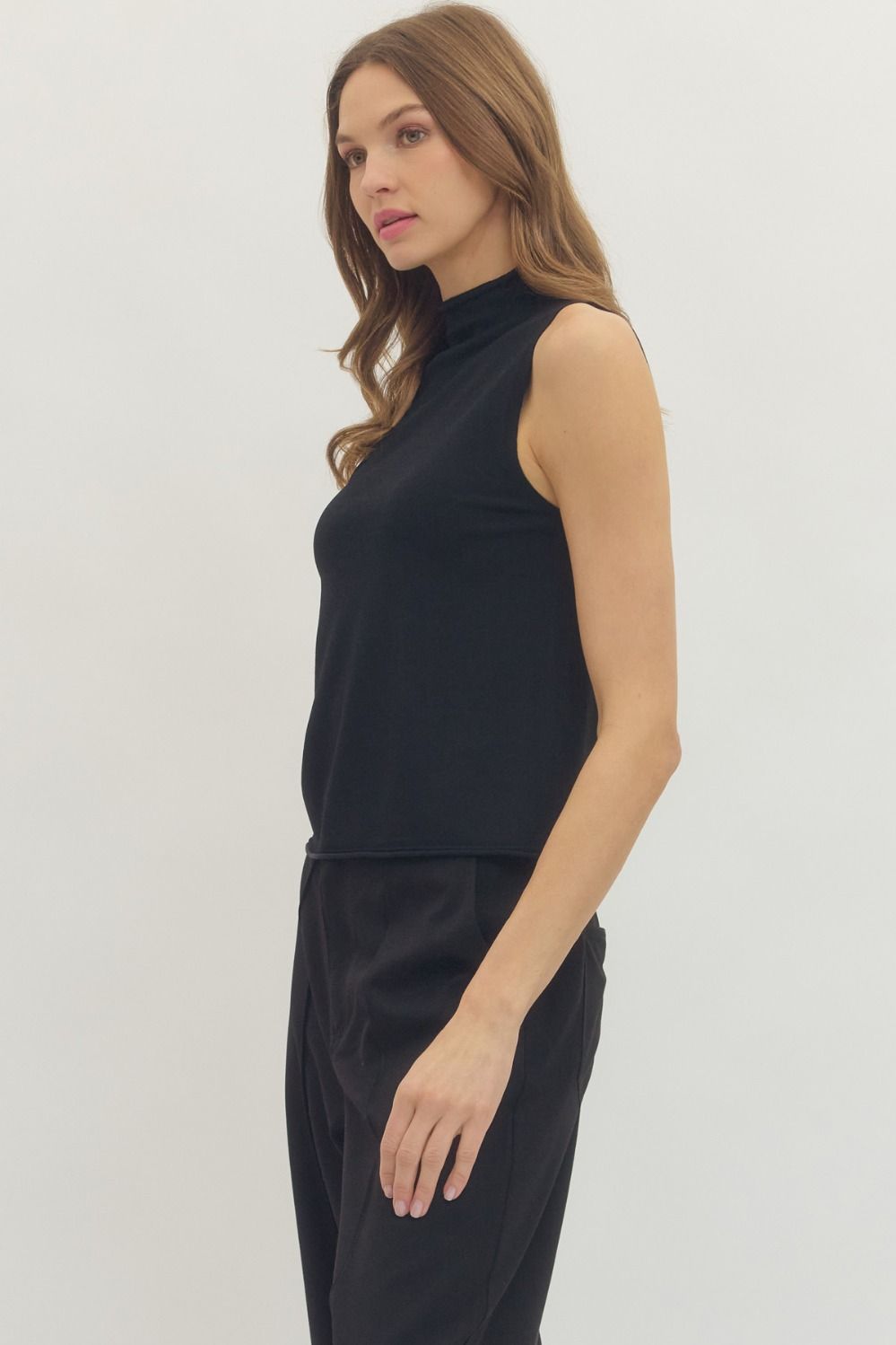 Mock Neck Sleeveless Top - Black