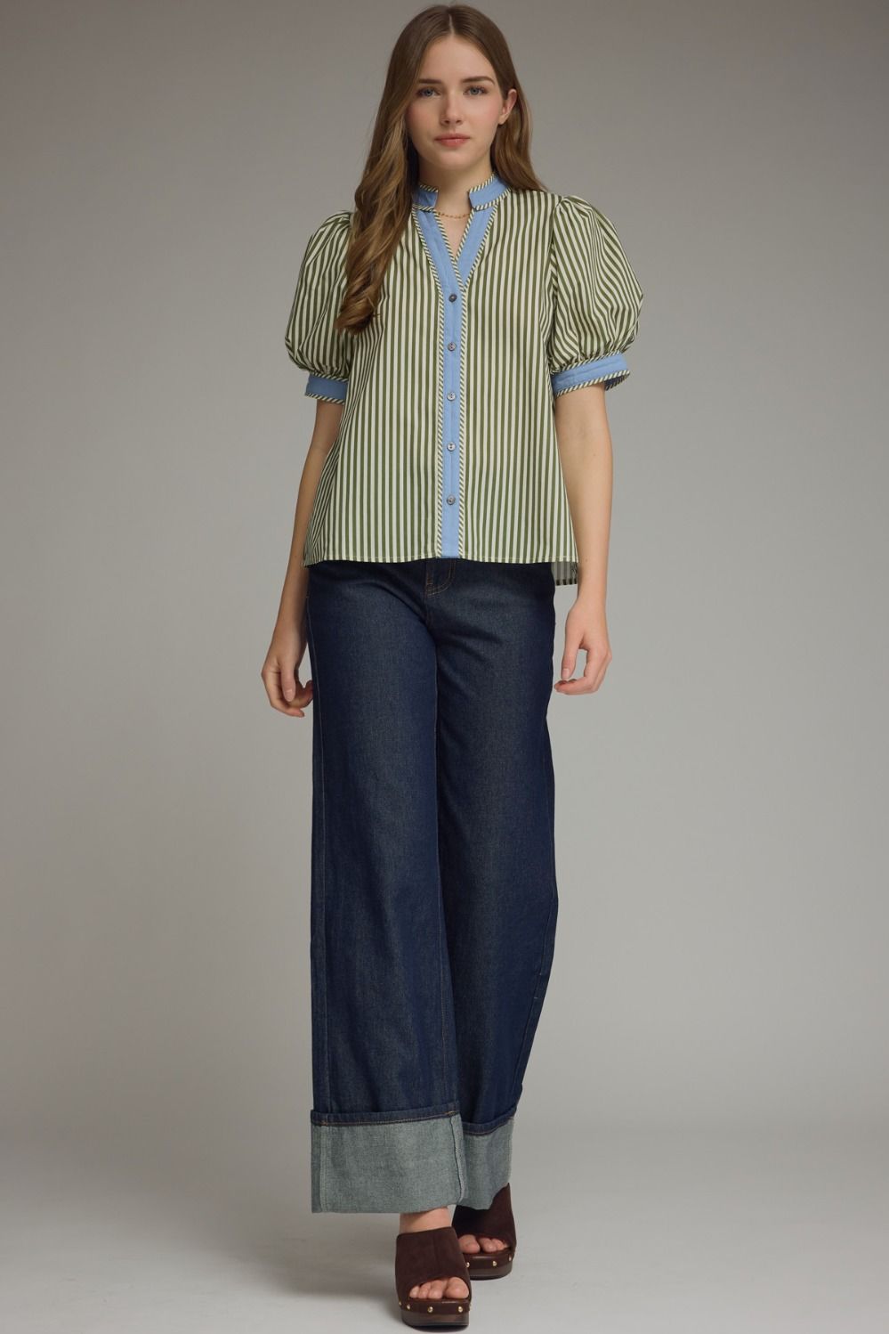 Olive Striped Puff Sleeve Top