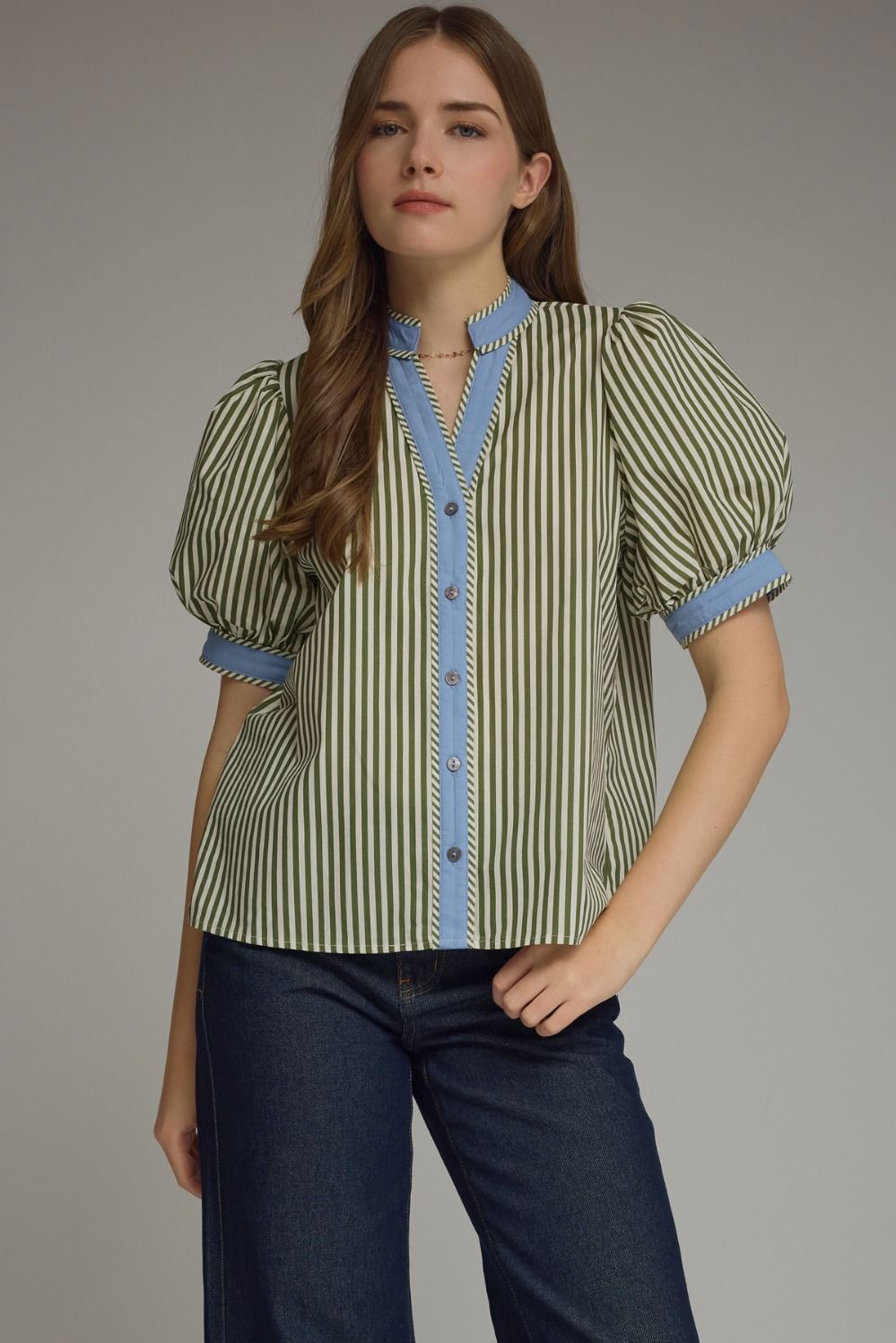 Olive Striped Puff Sleeve Top
