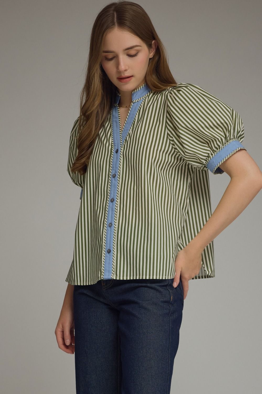 Olive Striped Puff Sleeve Top