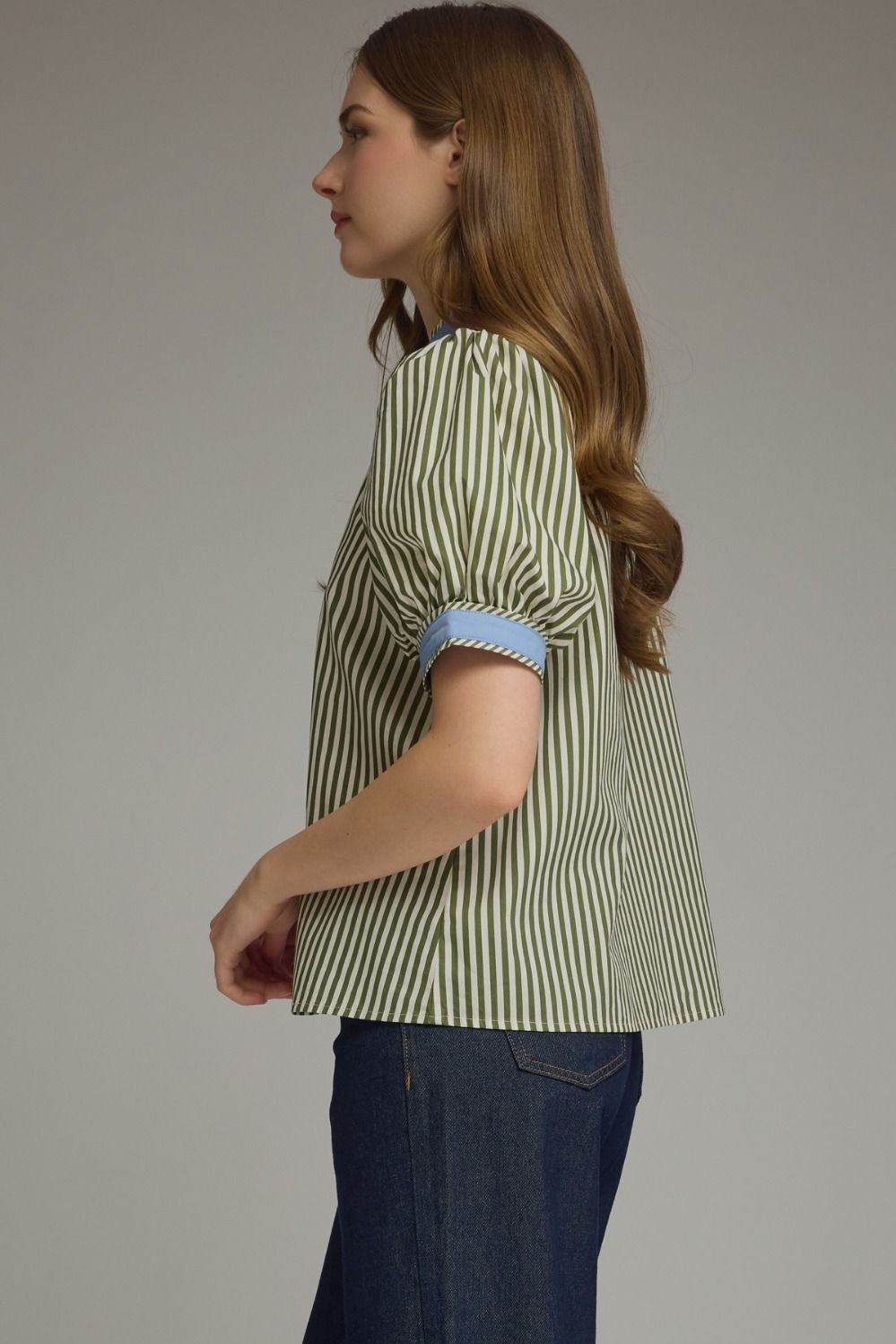 Olive Striped Puff Sleeve Top