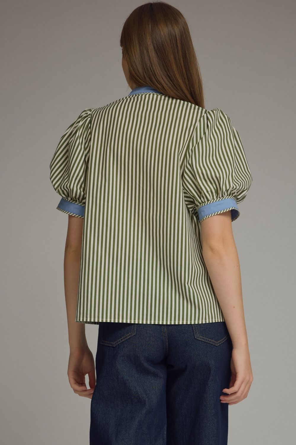 Olive Striped Puff Sleeve Top