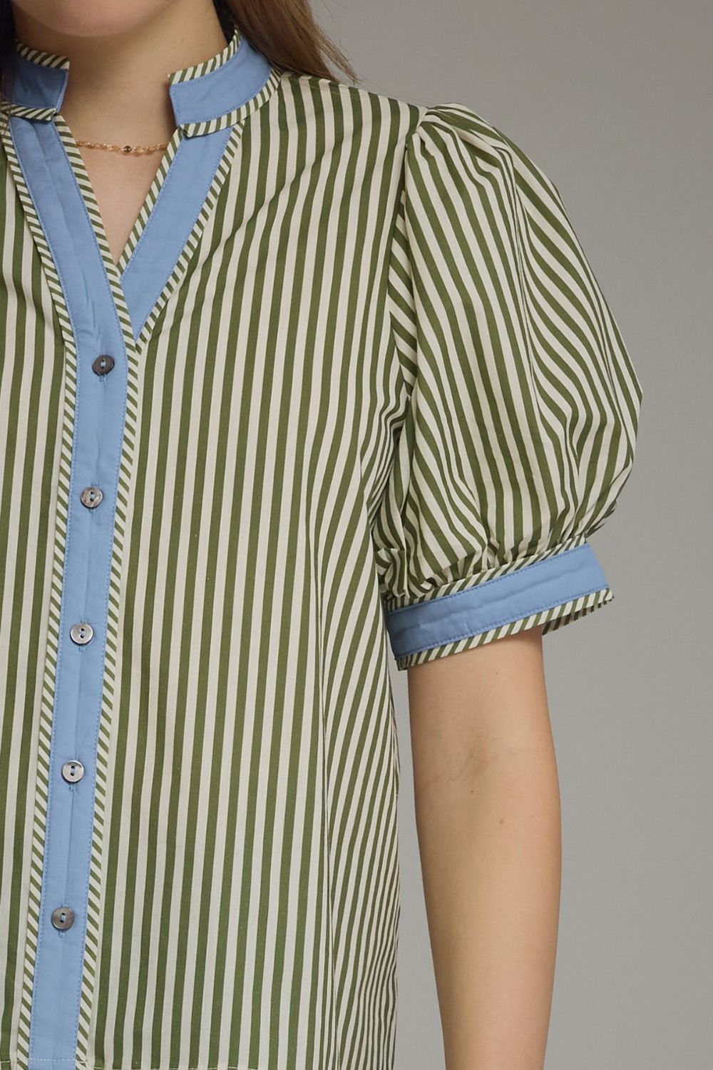 Olive Striped Puff Sleeve Top