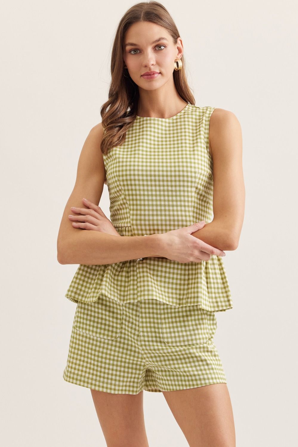 Peplum Gingham Top - Matcha