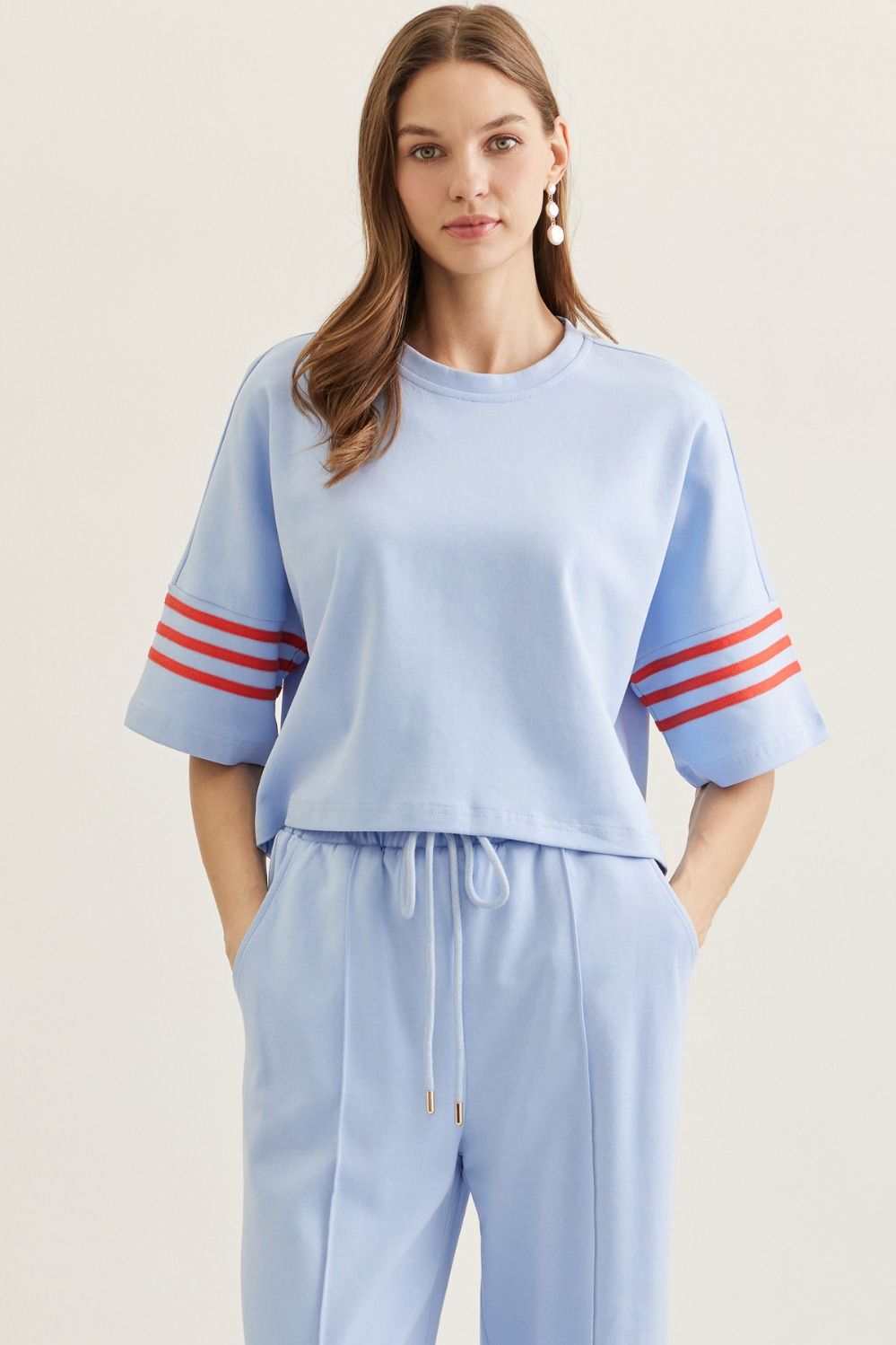 Blue Pant Set With Red Stripe