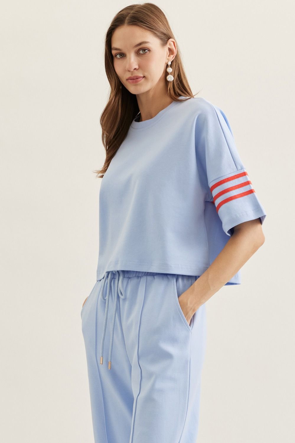 Blue Pant Set With Red Stripe