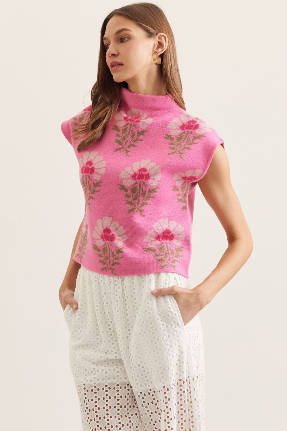 Pink Floral Mock Neck Top