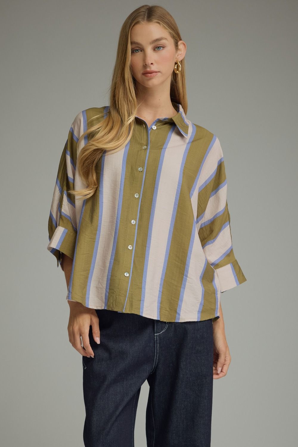 Olive And Blue Striped Dolman Top