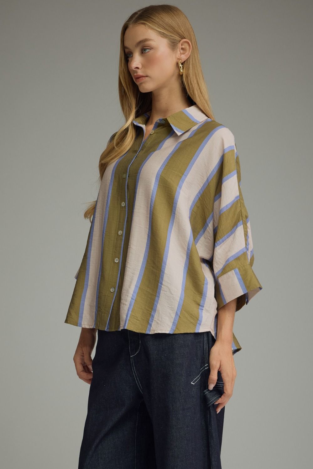Olive And Blue Striped Dolman Top