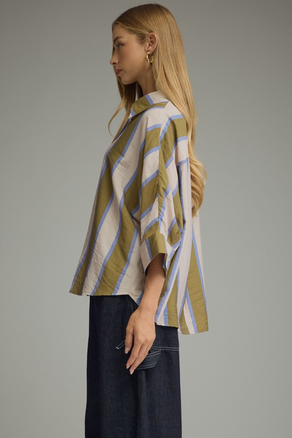 Olive And Blue Striped Dolman Top