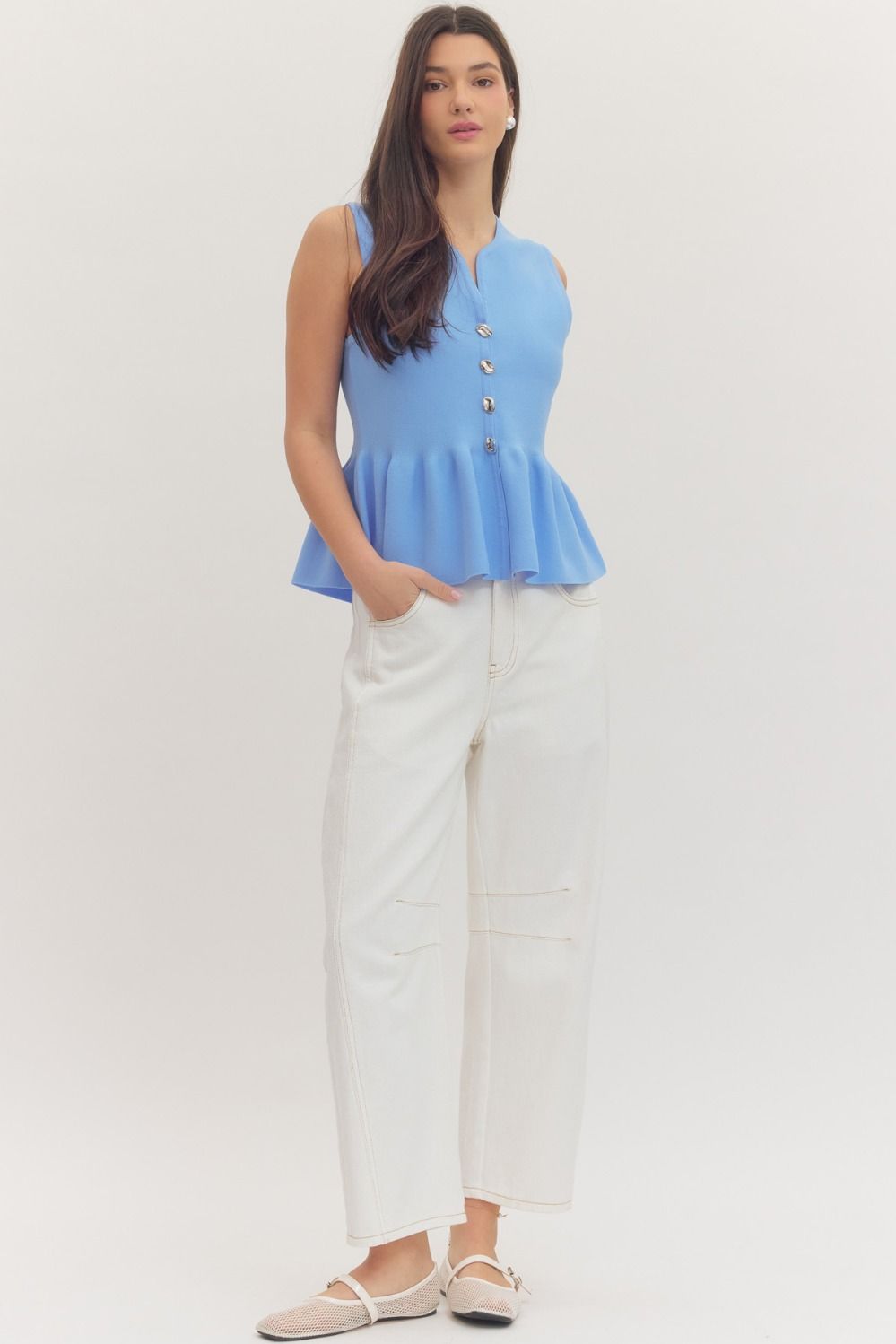 V Neck Peplum Top - Blue