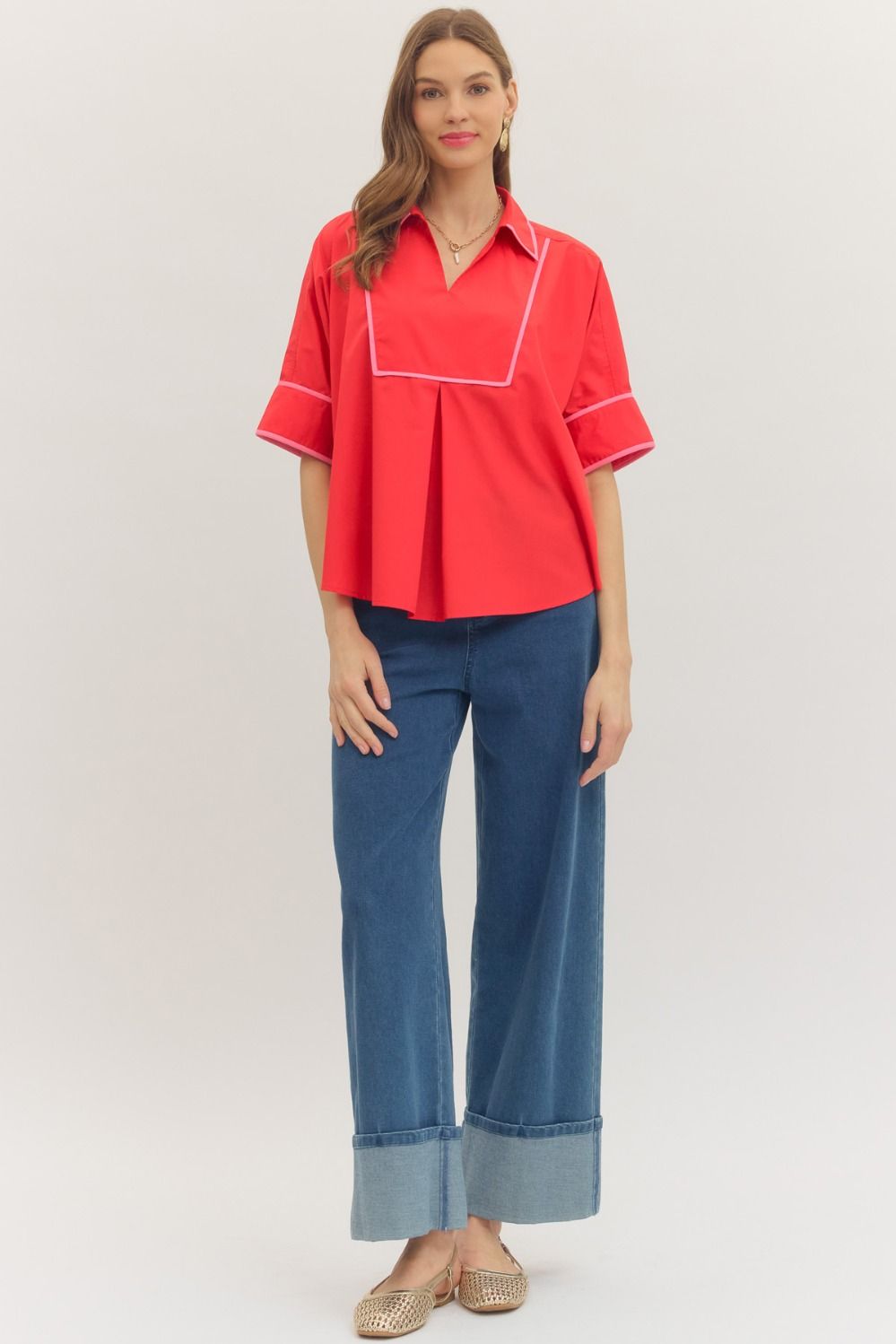 Collared V Neck Shirt - Tomato