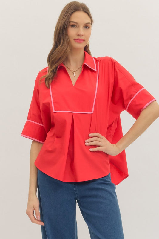Collared V Neck Shirt - Tomato