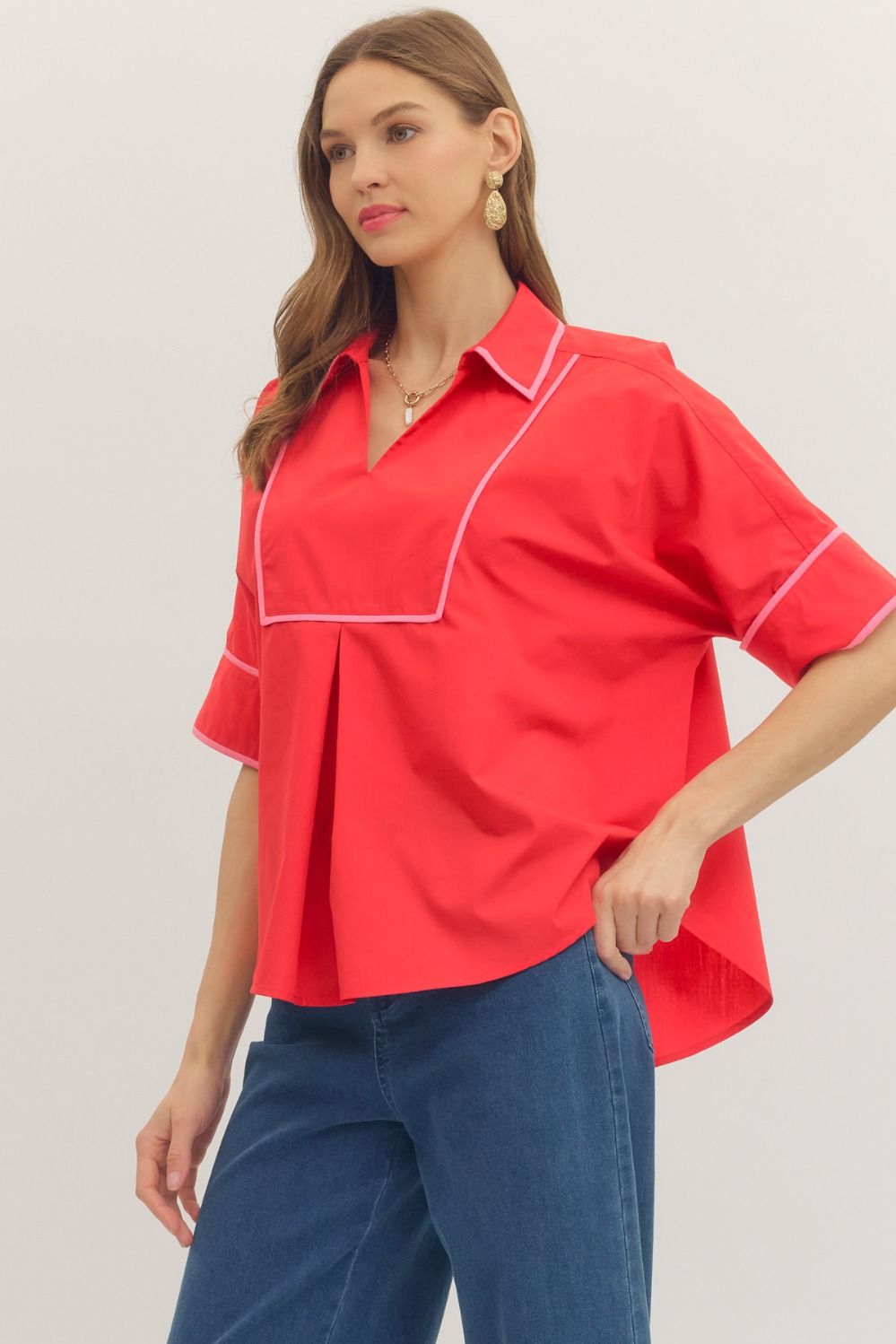 Collared V Neck Shirt - Tomato