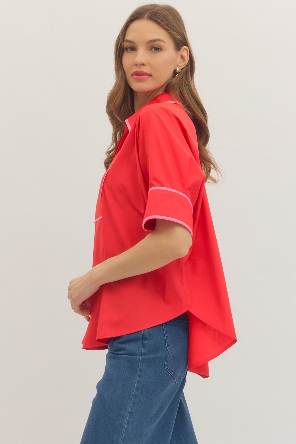 Collared V Neck Shirt - Tomato