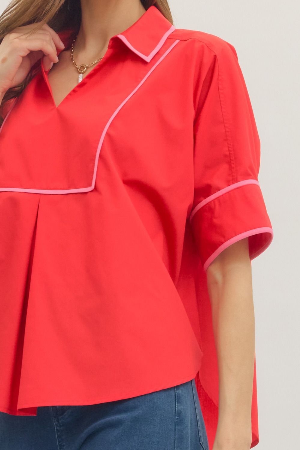 Collared V Neck Shirt - Tomato