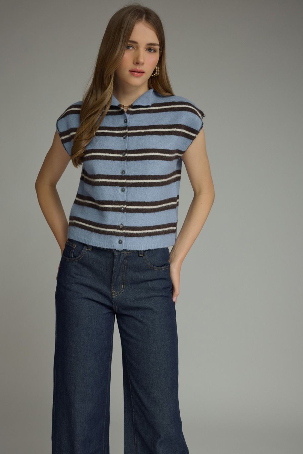 Blue Stripe Cap Sleeve Knit Top