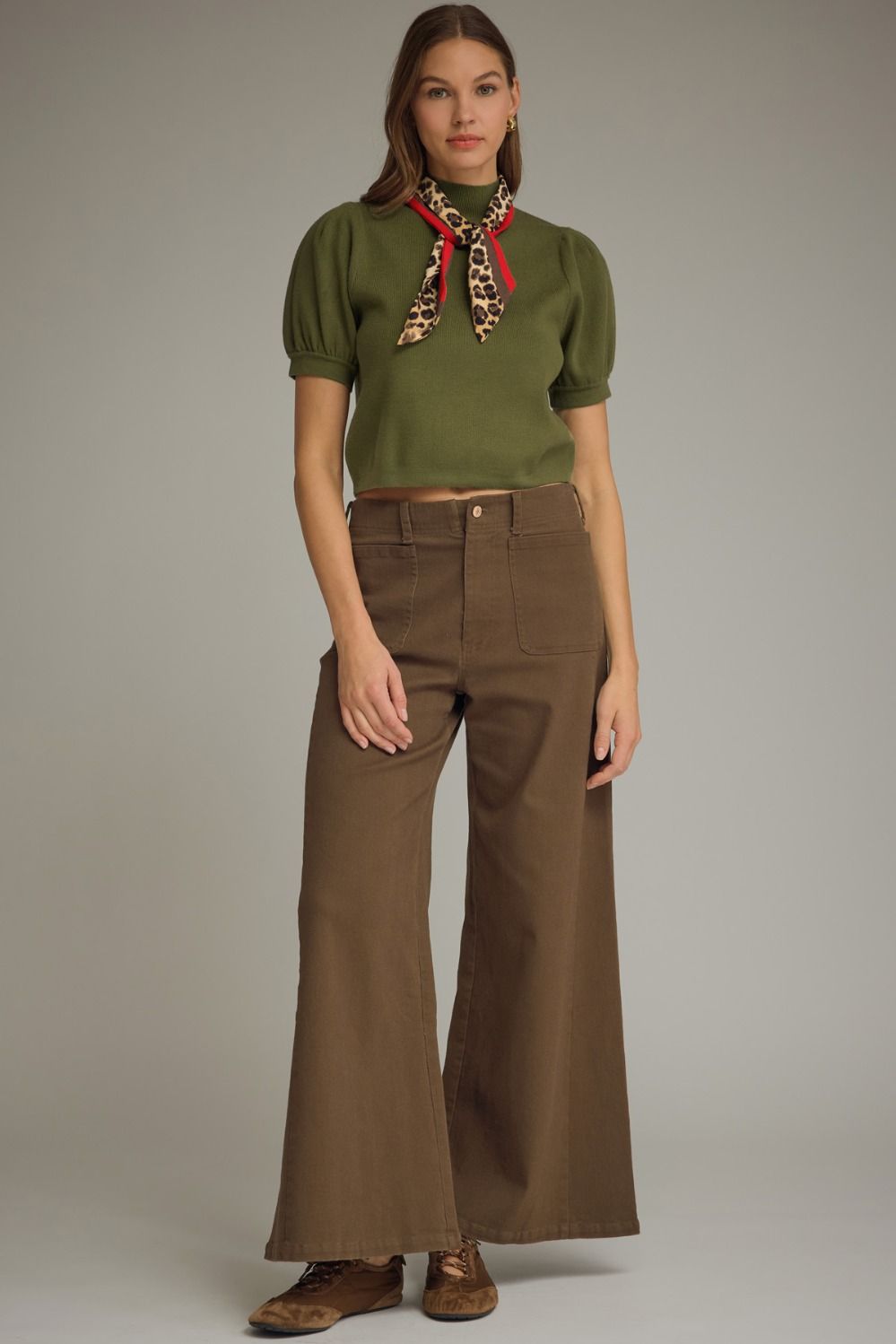 Knit Top With Scarf - Olive