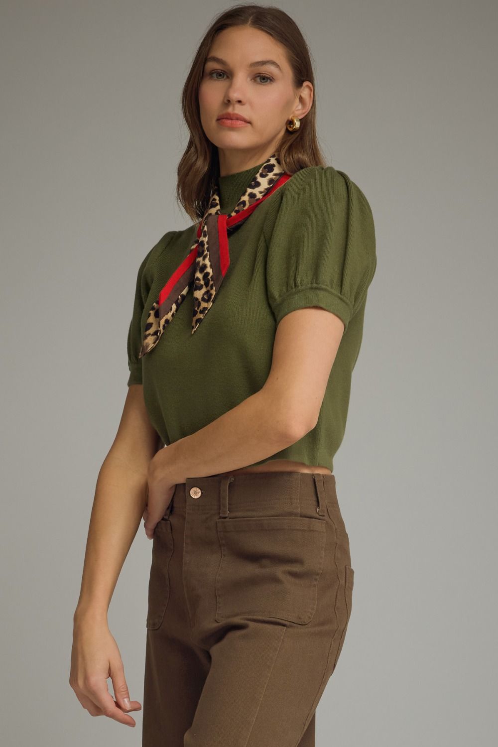 Knit Top With Scarf - Olive