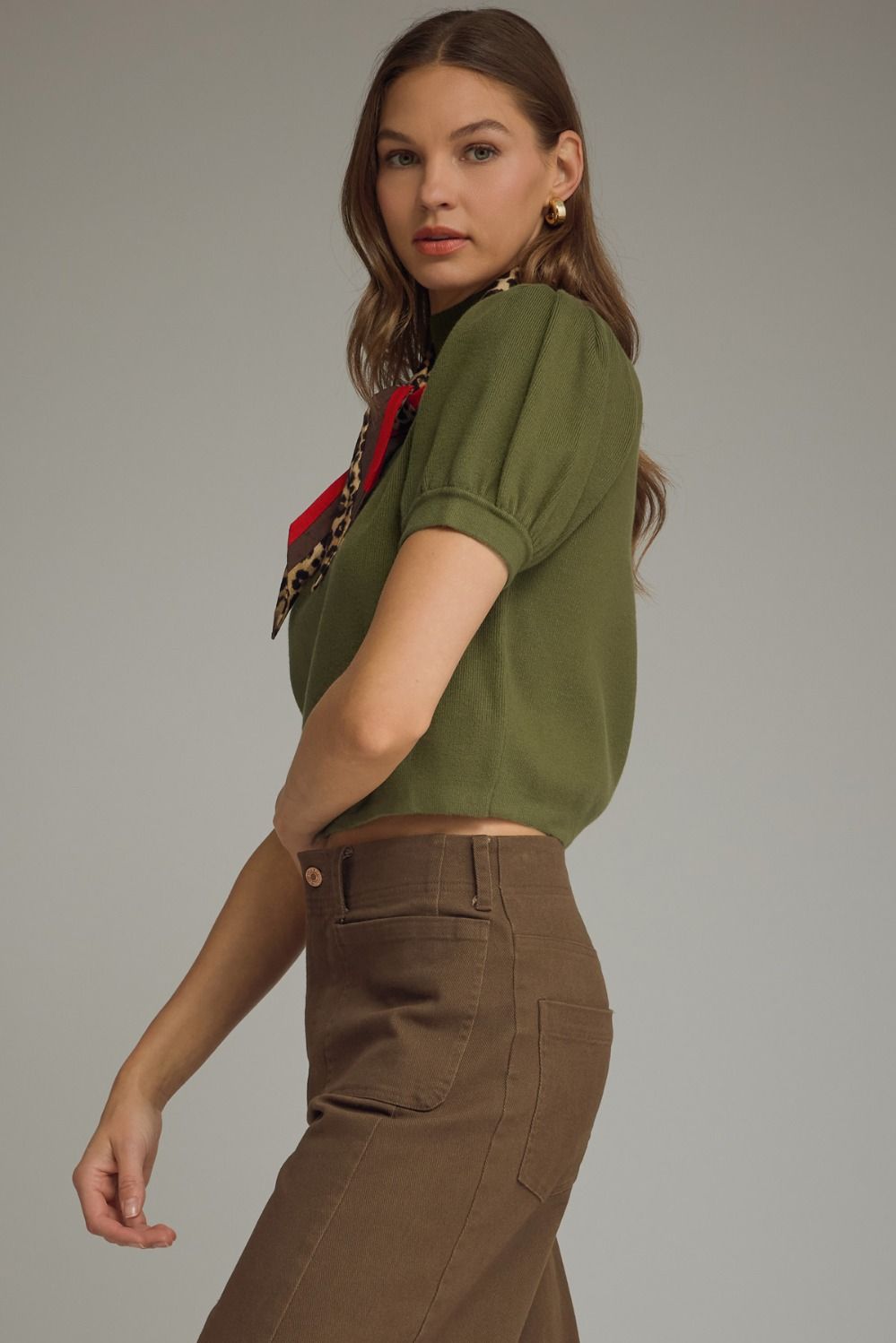 Knit Top With Scarf - Olive