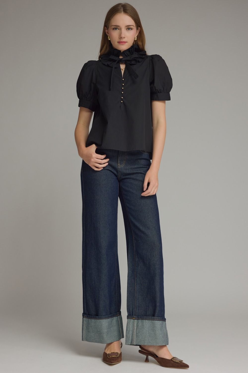 Ruffle Collar Front Tie Top - Black
