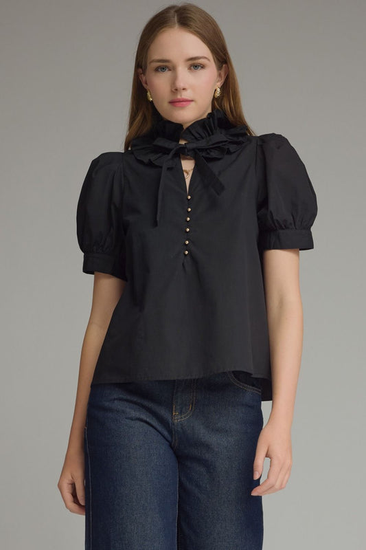 Ruffle Collar Front Tie Top - Black